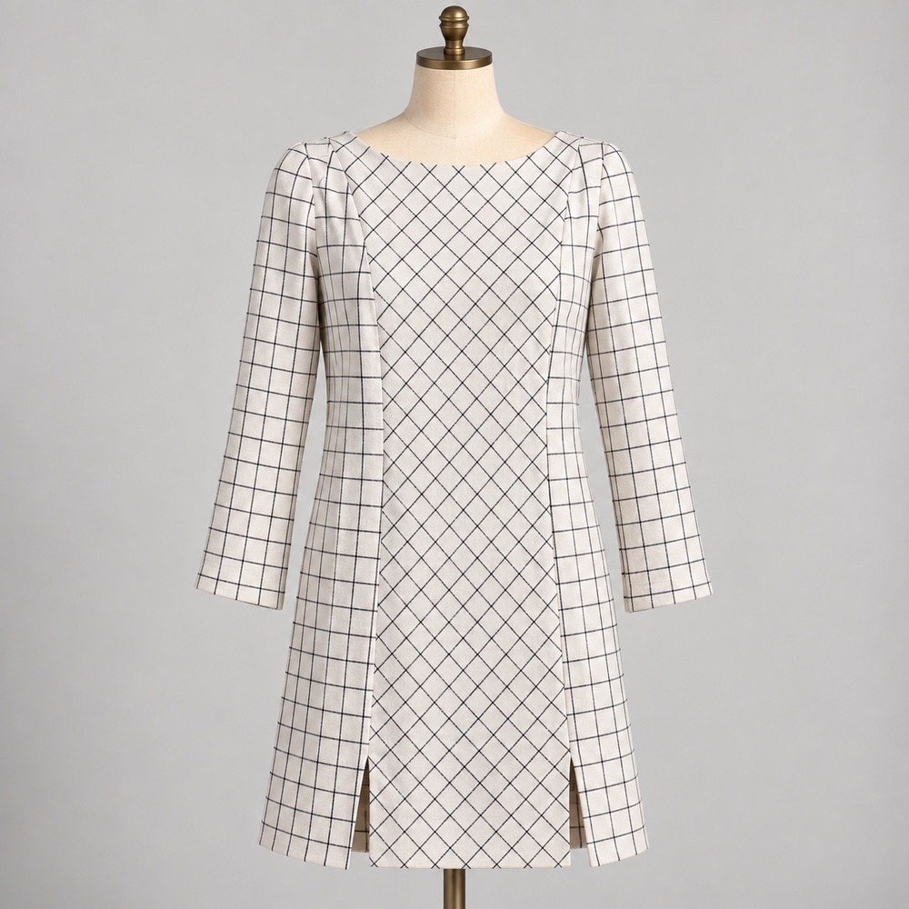 J. Jill Ponte Shift Dress XS White Black Grid Windowpane Boat Neck Long Sleeve